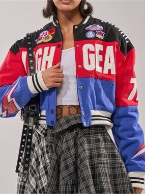 NWT AKIRA Colorblock high gear Varsity Bomber Jacket Red, Blue & Black size XL